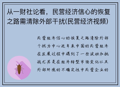 从一财社论看，民营经济信心的恢复之路需清除外部干扰(民营经济视频)