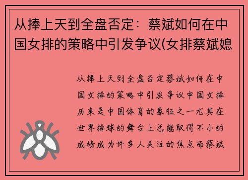 从捧上天到全盘否定：蔡斌如何在中国女排的策略中引发争议(女排蔡斌媳妇)