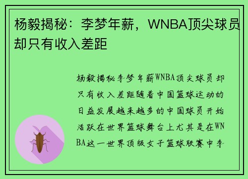 杨毅揭秘：李梦年薪，WNBA顶尖球员却只有收入差距