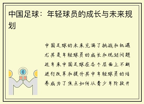 中国足球：年轻球员的成长与未来规划